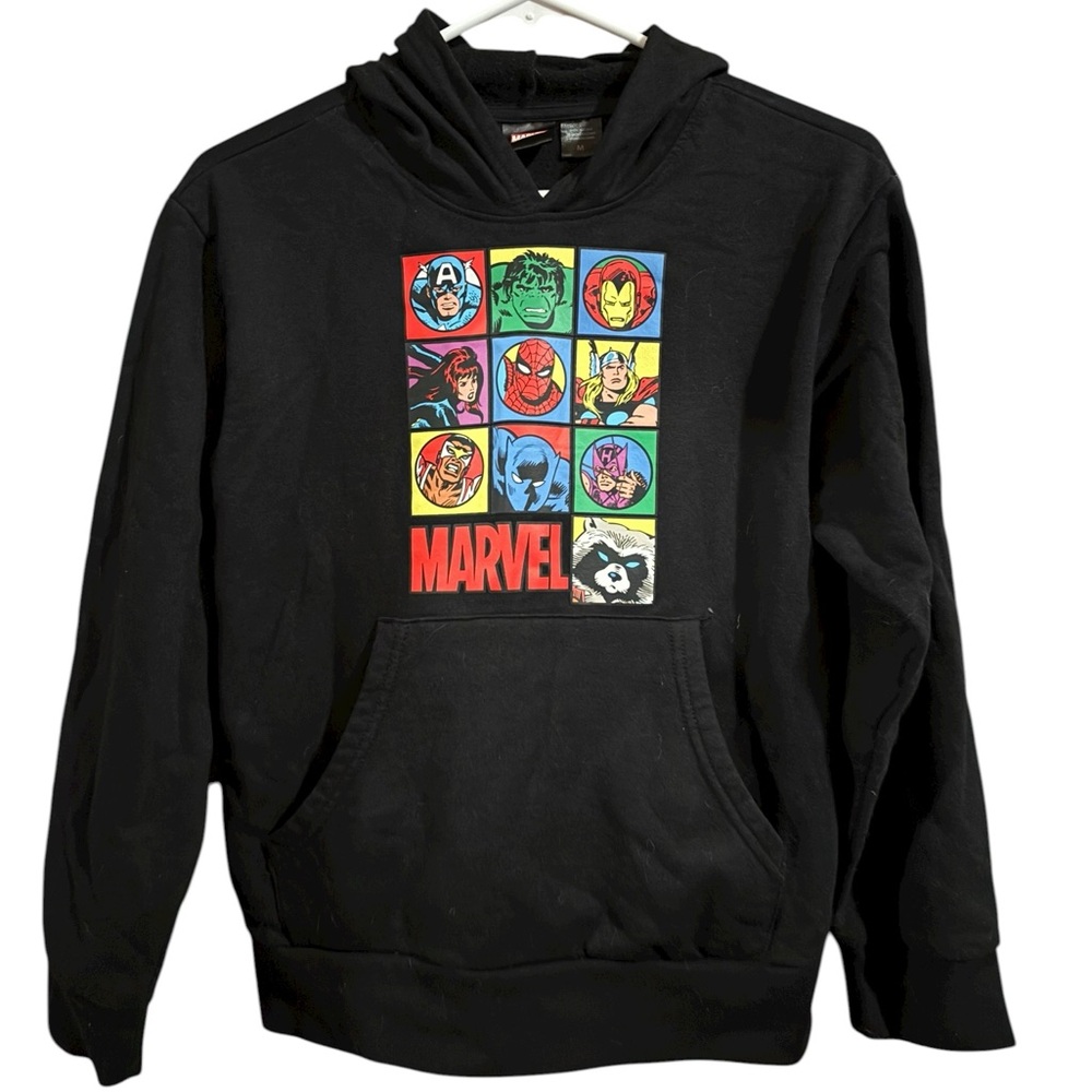 Marvel Black Hoodie with Colorful Character Grid NWOT